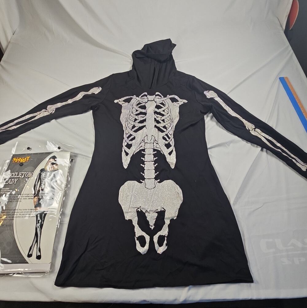 Spirit Halloween Skeleton Lady Costume Adult Large Hooded Dress & Thigh Highs